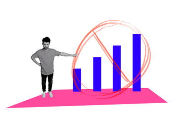 Obraz premium Creative collage image young irritated man annoyed angry face showing signal columns crossed sign blocked banned network no connection