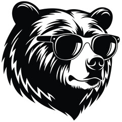 In black and white, a bear head dons stylish sunglasses, creating a unique look