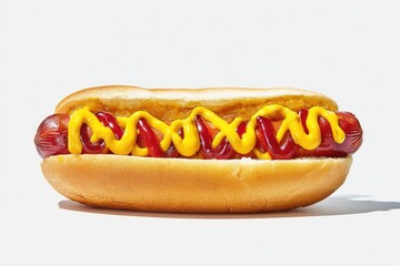 A hot dog, topped with mustard and ketchup, sits on a white background