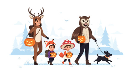 Halloween Costume Parade: A vibrant procession of costumed figures sets forth on a Halloween adventure, complete with a whimsical owl and a spirited dog.