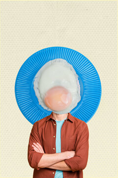 Naklejki Surreal breakfast-themed collage human head replaced by fried egg plate as funny healthy eating concept