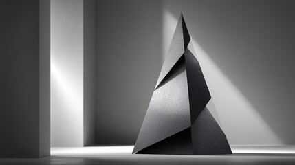 Dark gray geometric cone with faceted triangular surfaces in minimalist setting, side lighting creating sharp shadows and highlights on textured surface
