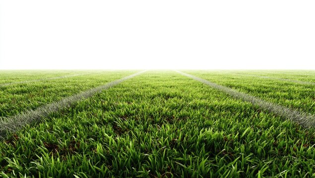 Wide shot of a grassy field with dividing lines, bathed in soft light