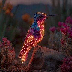 Obraz premium Captivating neon hummingbird shining in flower garden high resolution picture
