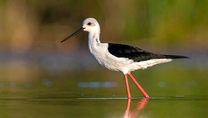 A long-legged shorebird, black and white with red legs, stands in shallow water, natural background