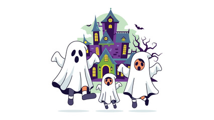 Halloween Haunted House: A spooky haunted house scene with floating ghosts creates a chilling festive atmosphere. 