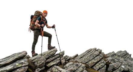 Adventurous Hiker on Jagged Rocks with Gear

