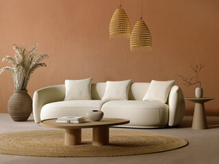 3d render of a pale red boho home interior background with lounge sofa, table and decor in living room,	
