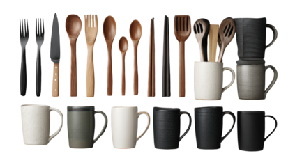 Various kitchen utensils and mugs arranged in a horizontal row.  Wooden spoons, forks, knives, and chopsticks are interspersed with ceramic mugs in muted colors