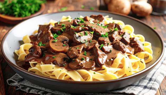 Classic beef stroganoff with noodles and mushrooms. AI