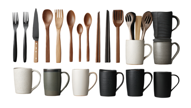 Various kitchen utensils and mugs arranged in a horizontal row. Wooden spoons, forks, knives, and chopsticks are interspersed with ceramic mugs in muted colors - Powered by Adobe