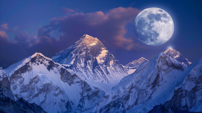 Moonlit Everest Summit Against Twilight Sky, Majestic Mountain Panorama