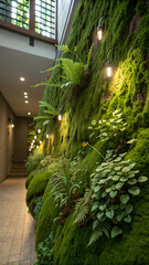 A lush green moss wall with variegated tiny plants, softly illuminated.