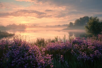 Misty sunrise over a lake with purple flowers