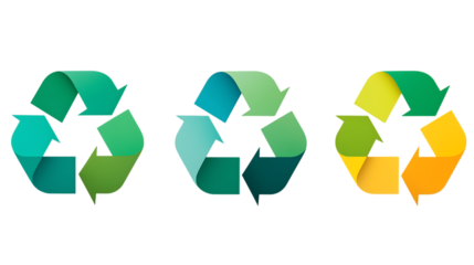Colorful recycling symbols, items isolated on transparent background, modern eco concept, minimalist flat design style, environmental conservation, digital art