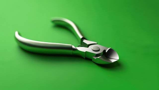 A pair of metallic nail clippers rests on a vibrant green surface, subtly illuminated, showcasing its sleek design and sharp cutting edges