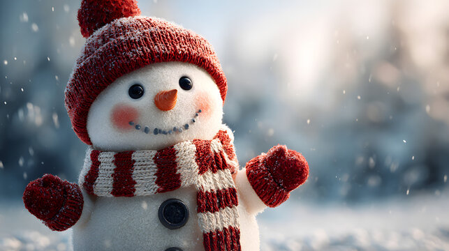 Charming snowman with red hat and scarf welcomes winter wonderland fun, perfect for holiday cards and festive designs, spreading joy and cheer