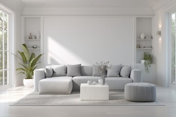 A modern living room with a neutral color scheme.