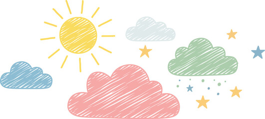 Colorful hand drawn sun clouds and stars illustration on transparent background