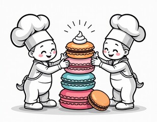 Naklejka premium Happy Little Bakers with Colorful Macaron Tower Illustration