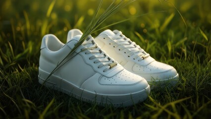 A pair of pristine white low-top sneakers rests gently in a vibrant green grassy field, bathed in soft, warm sunlight.  Long blades of grass artfully frame the shoes