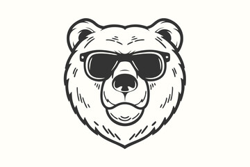 Detailed bear head wearing sunglasses showcases a bold outline and striking monochrome palette