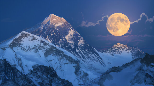 Moonlit Everest Summit Against Twilight Sky, Majestic Mountain Panorama