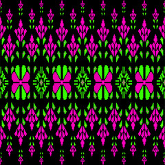 seamless floral pattern
A seamless tribal pixel-art pattern featuring interlocking diamond shapes, stylized floral motifs, and zigzag lattice structures in green, red, cyan, and purple on a deep