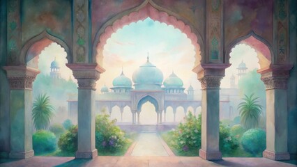 Ornate pastel archway reveals tranquil courtyard and domed building architecture