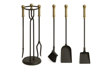 Elegant set of black and gold fireplace tools, including a stand, broom, shovel, and poker. Perfect for maintaining a cozy and stylish fireplace setup in any living space.