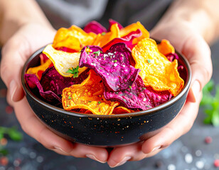 Bowl of crispy colorful beetroot, sweet potato, and carrot chips. AI