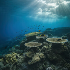 Obraz premium Sunlit Coral Reef Ecosystem A Vibrant Underwater World with Diverse Marine Life and Shallow Ocean Sunlight Scenery