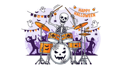 Obraz premium Spooky Beat: Halloween-themed illustration features a skeleton enthusiastically drumming on a colorful drum set, surrounded by festive decorations, setting a lively mood for the holiday.