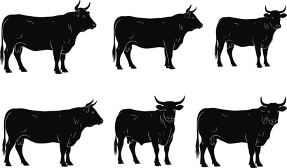 Black bull silhouette vector set, farm animal illustration, cattle livestock clipart, cow and ox graphic, ranch agriculture design elements for projects