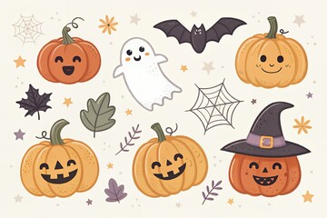 Whimsical halloween illustration featuring pumpkins ghosts and bats
