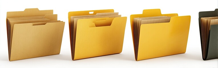 Three filing folders, light beige, bright yellow, and dark gray, with documents inside