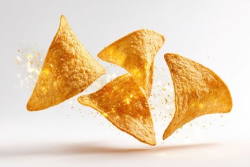 Crispy tortilla chips in mid-air, dusted with golden specks