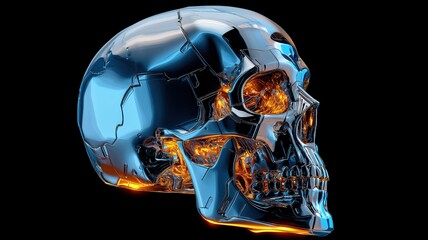 Shiny chrome skull with futuristic metal details and neon lighting effects on a black background, cyberpunk science fiction and technology