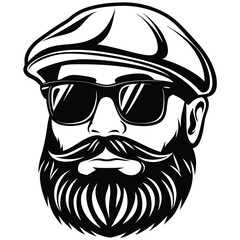 Black and white bearded man wearing sunglasses and flat cap illustration