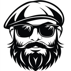 Isolated monochrome shows a bearded man wearing sunglasses and beret hat