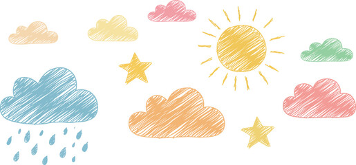 Colorful hand drawn clouds sun and stars illustration on transparent background