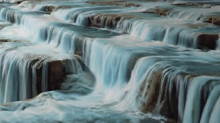 Waterfall Cascading Over Rocky Steps in Natural Landscape with Flowing Water and Mist