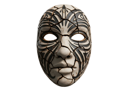 A close-up view of a decorative mask with intricate tribal designs and deep cracks, evoking a mysterious and enigmatic atmosphere against a plain black background.
