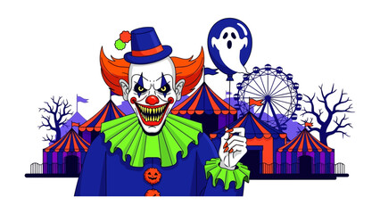 Spooky Carnival Clown: A chilling clown lurks at a carnival with a scary balloon, capturing the dark and eerie atmosphere of Halloween.