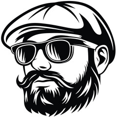 Bearded man wearing a cap and sunglasses has a serious look in black and white