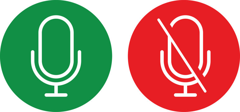 Microphone and mute microphone icon set. Silent audio or sound symbol. Green microphone and red mute microphone icons collection