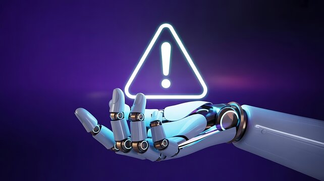Futuristic robot hand presents glowing warning sign, AI safety concern concept