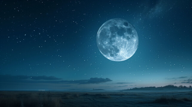 Serene Night Landscape with a Full Moon Casting a Silvery Glow, Tranquil and Photorealistic Scene
