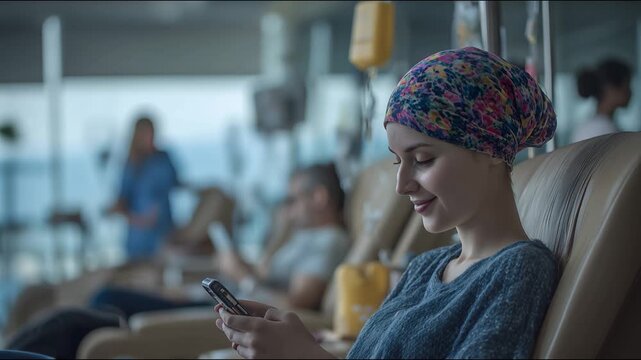 Oncology patient undergoing chemotherapy using her smartphone while sitting in a hospital room