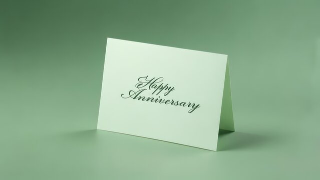 A pale green folded card rests on a matching surface, displaying elegant script lettering "Happy Anniversary". Soft lighting enhances the subtle texture of the cardstock